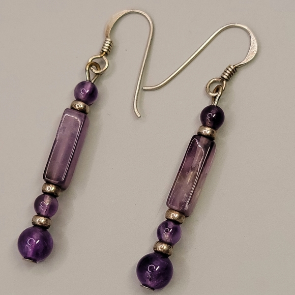 Sterling Silver Amethyst Gemstone Beaded Dangle Earrings - Picture 5 of 5